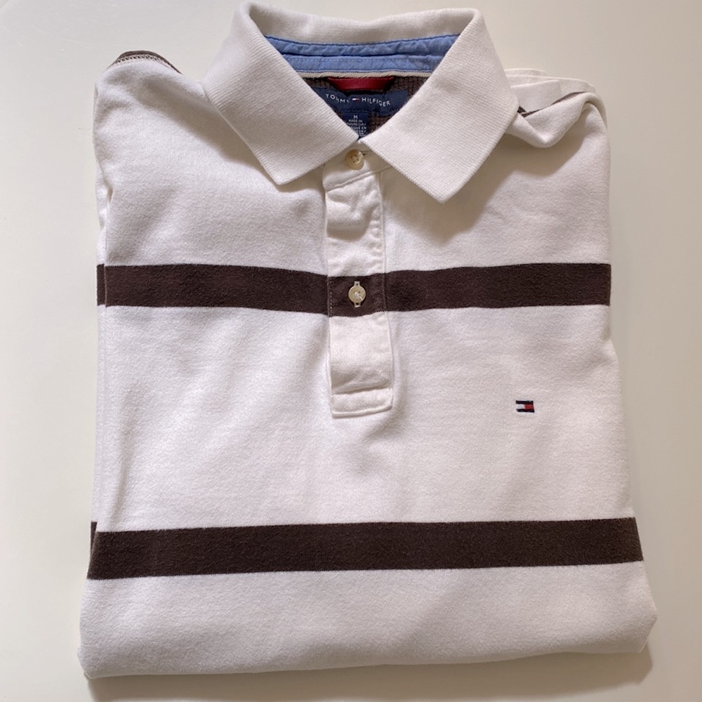 Tommy Hilfiger Long Sleeve Polo Shirt Off White With Brown Stripe